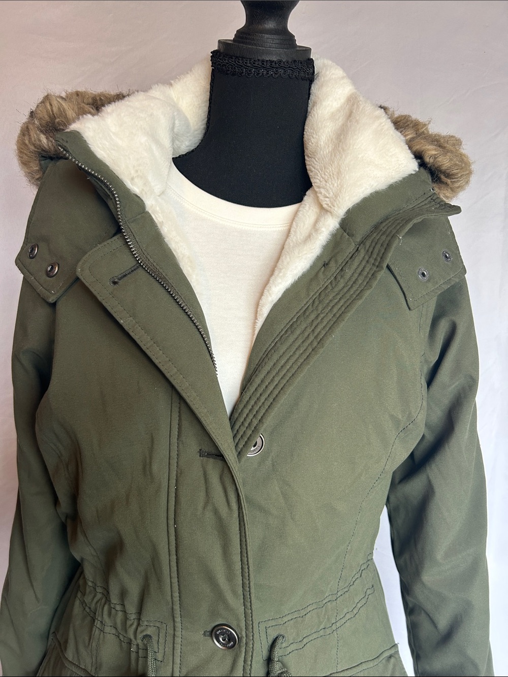 Large Hollister Olive Green Puffer Coat with Faux Fur Hood